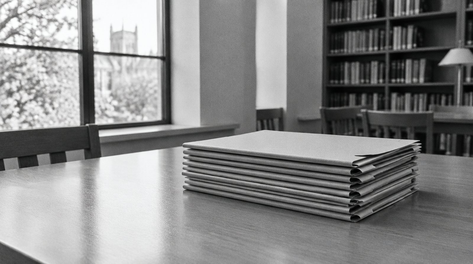 KI-generierte Darstellung: Stapel Aktenmappen auf einem Tisch in einem hellen Lesesaal