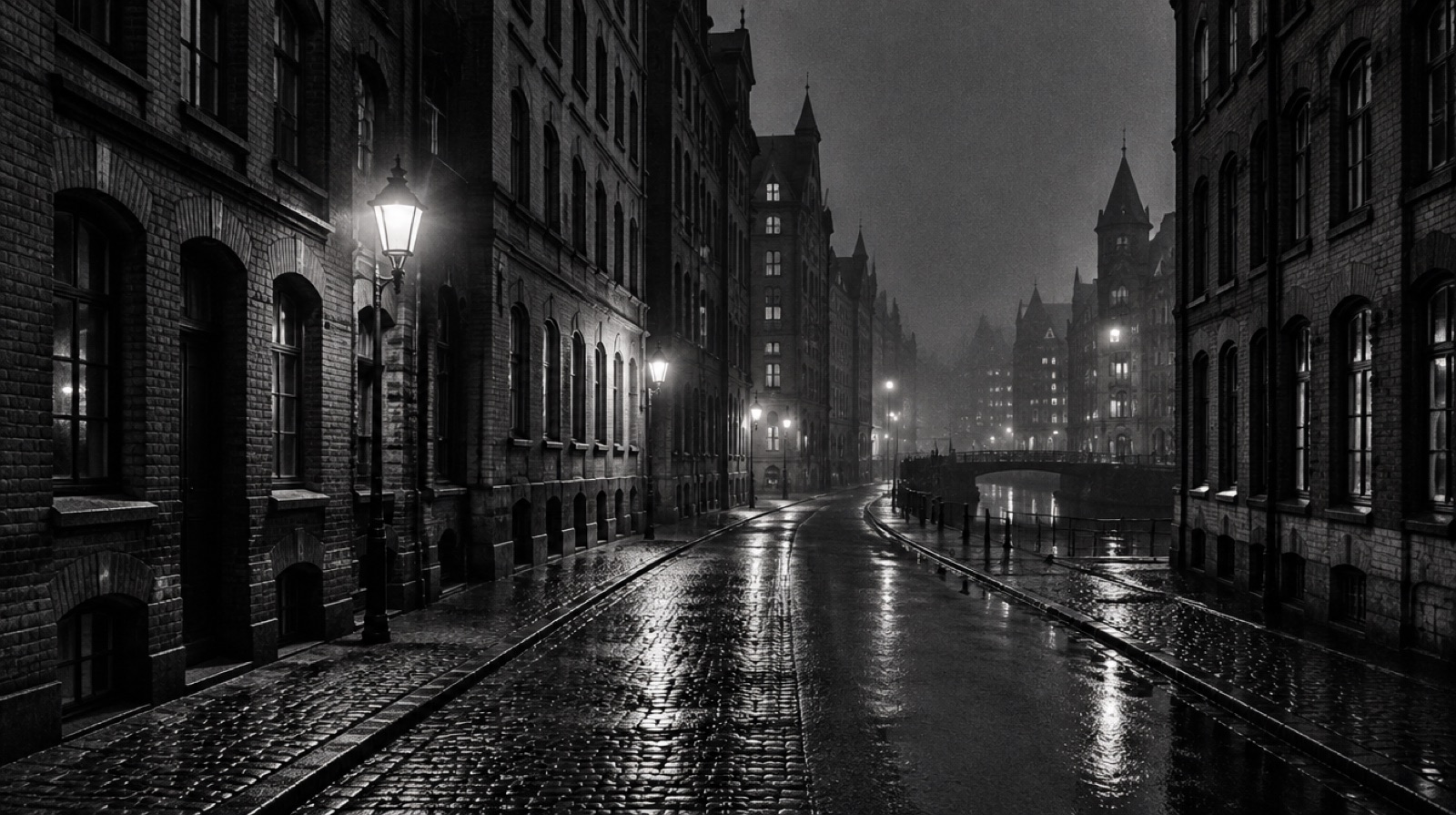 KI-generierte Darstellung: enge Hamburger Speicherstadt-Straße bei Nacht nach Regen