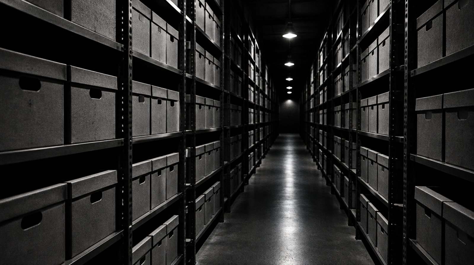 KI-generierte Darstellung: Reihen von Archivkartons auf Stahlregalen, die sich im Dunkeln verlieren