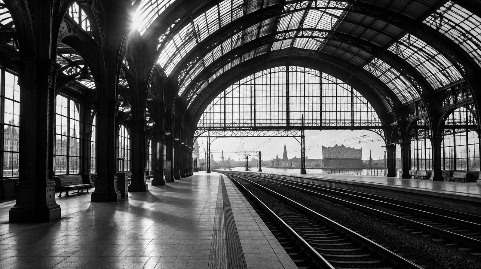 KI-generierte Darstellung: leerer Bahnsteig unter einer Bahnhofshalle aus Eisen und Glas im Morgenlicht
