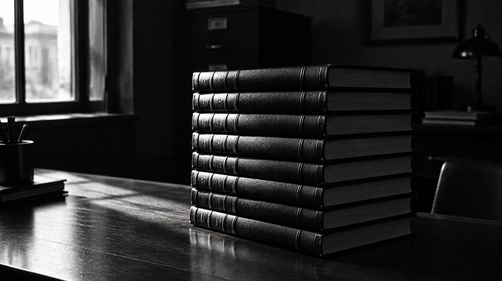 KI-generierte Darstellung: Stapel geschlossener Geschäftsbücher auf einem Schreibtisch im Streiflicht
