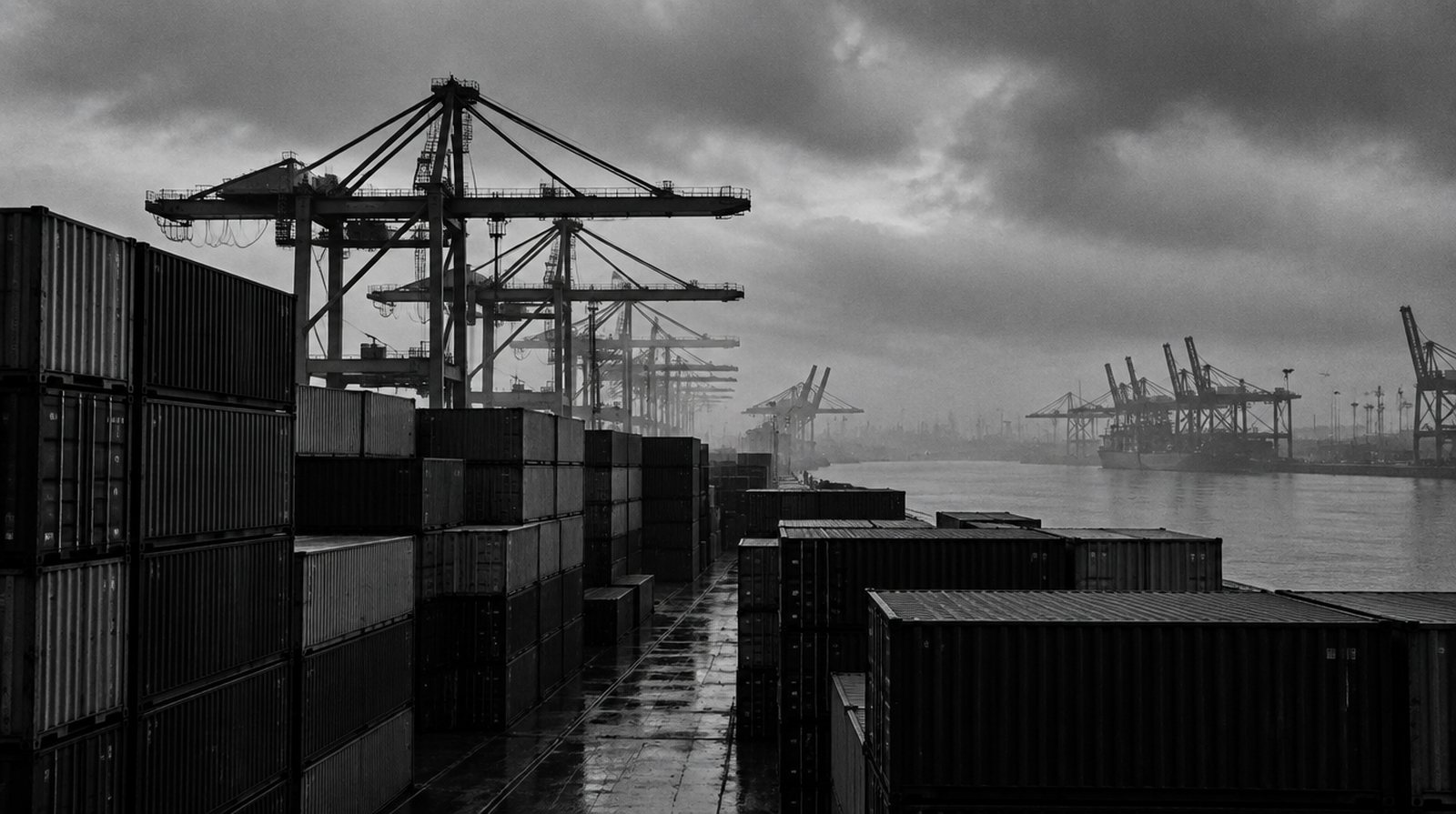 KI-generierte Darstellung: gestapelte Container im Hafen unter bedecktem Himmel, Containerbrücken im Dunst