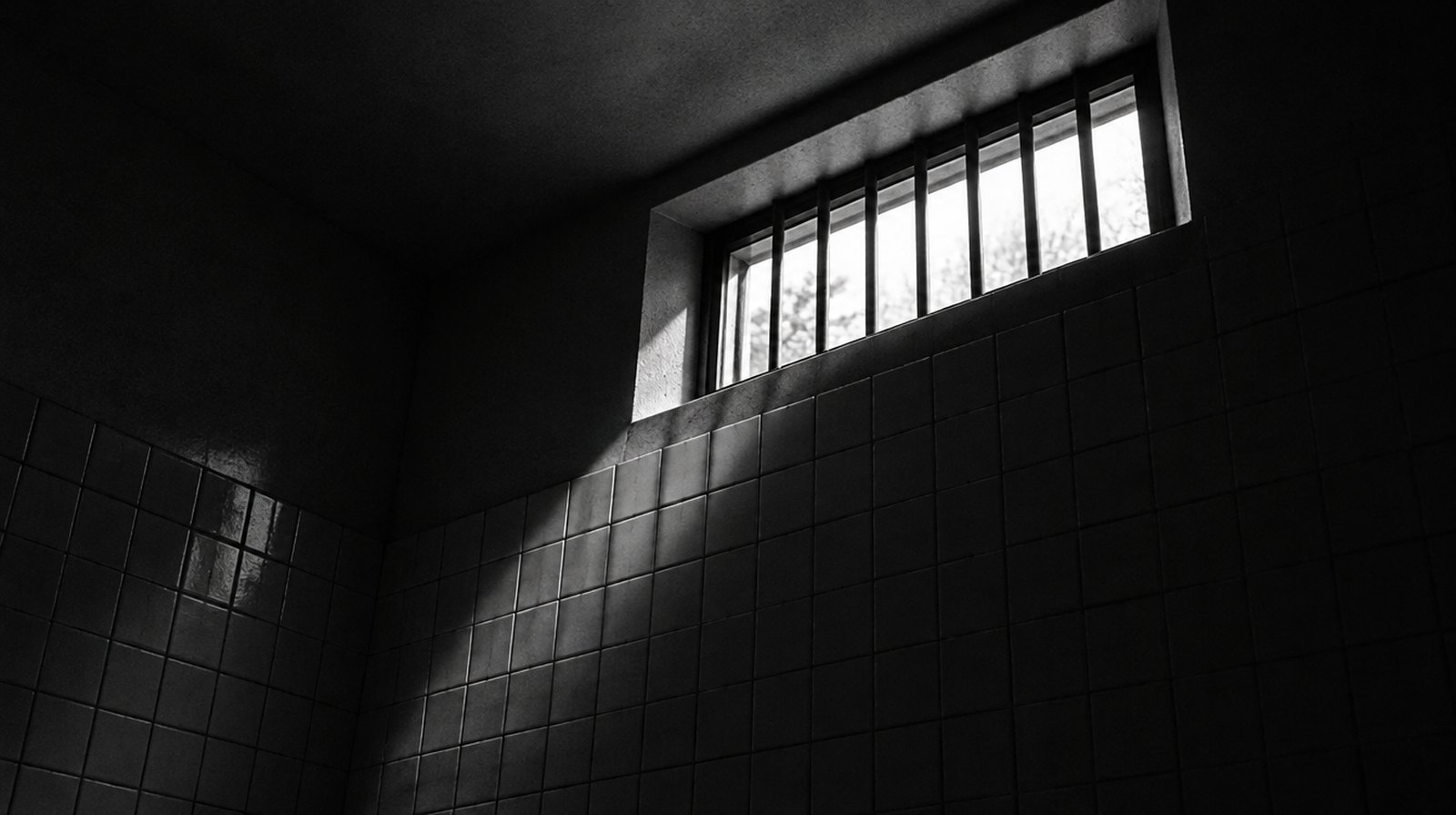 KI-generierte Darstellung: ein hoch sitzendes vergittertes Oberlicht in einer gefliesten Wand, von unten gesehen, schmales Tageslicht in einem sonst dunklen Raum