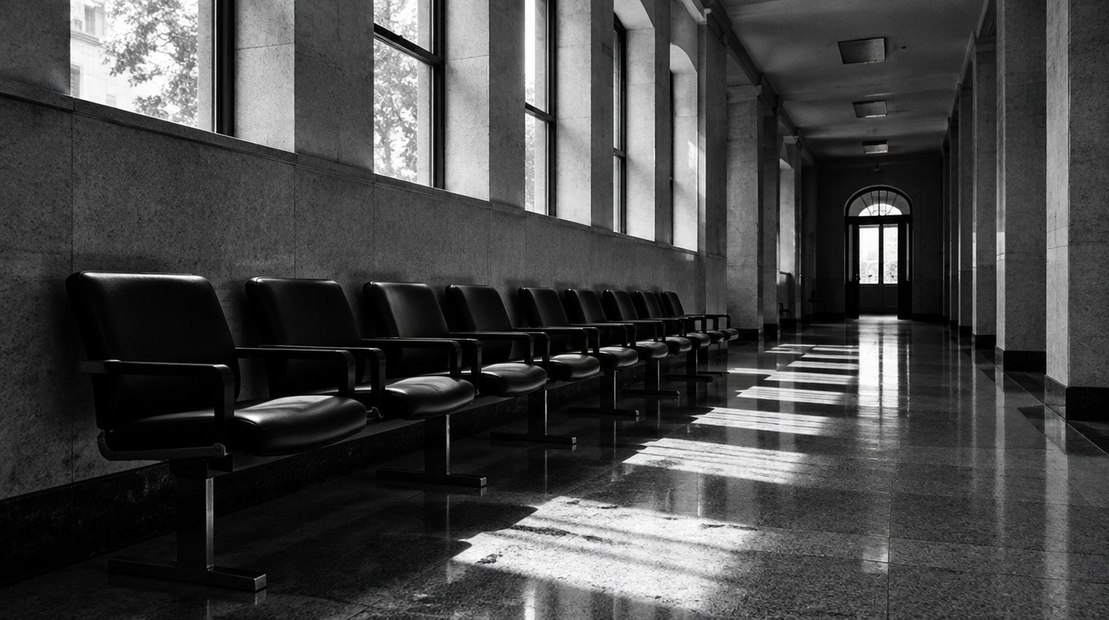 KI-generierte Darstellung: Reihe leerer Wartestühle in einem Behördenflur mit hohen Fenstern