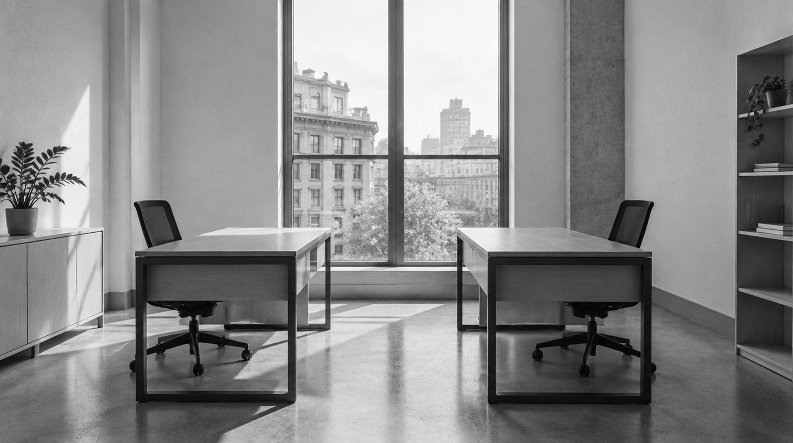 KI-generierte Darstellung: zwei leere Schreibtische einander gegenüber in einem hellen Büro